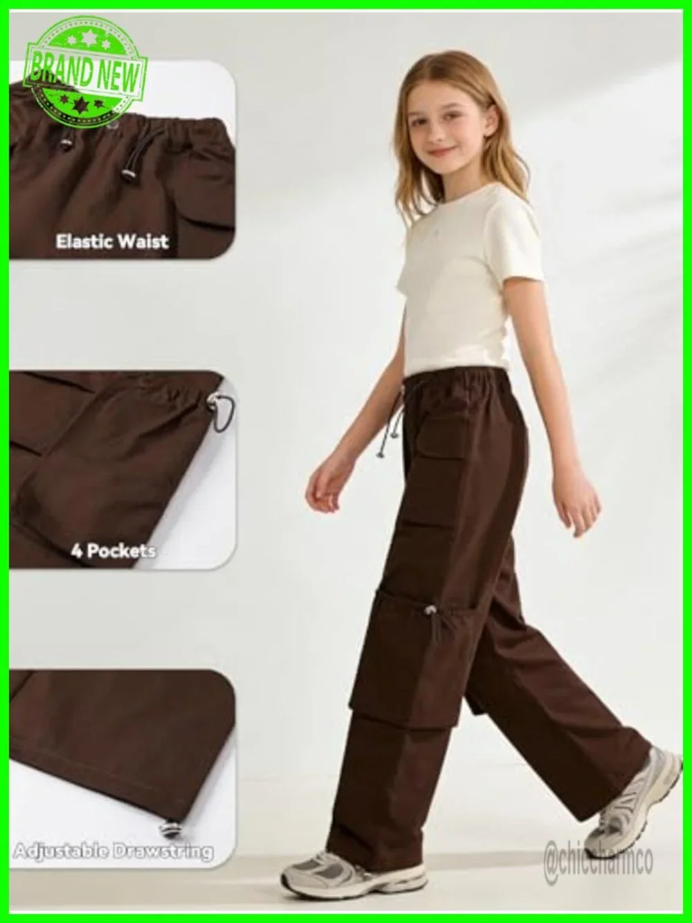 Girls Cargo Pants Multi-Pocket Straight Leg Elastic Waist Streetwear Hip Hop - Picture 6 of 7